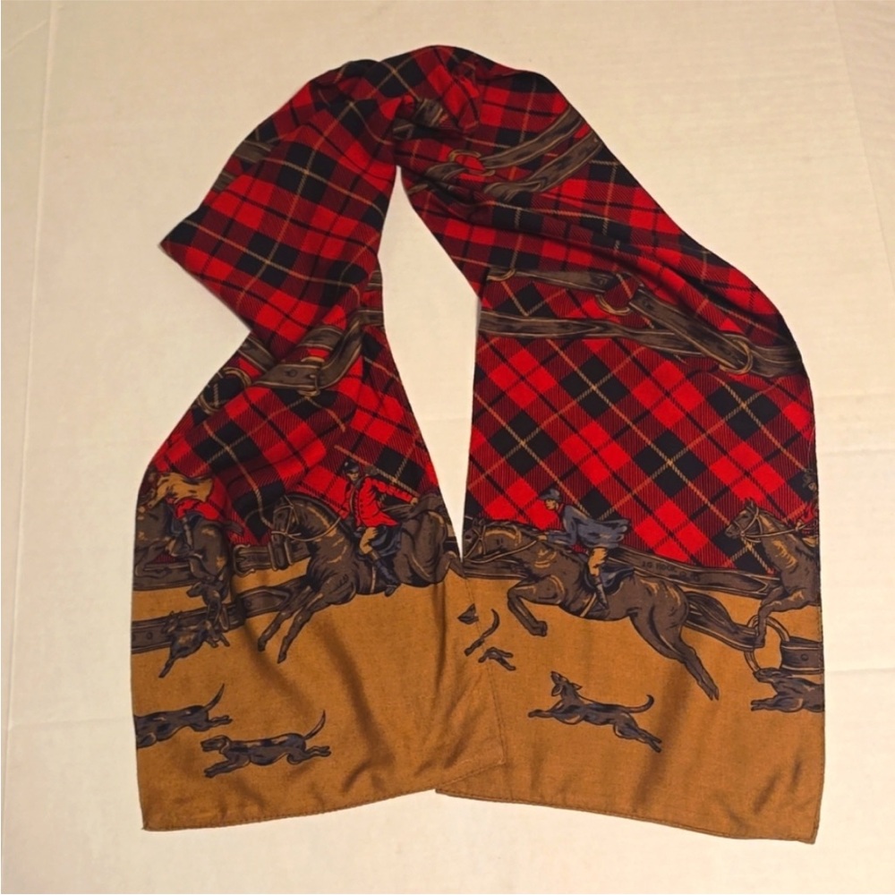 JG Hook Equestrian Red Tartan Plaid Women’s Scarf - Hunt Scene